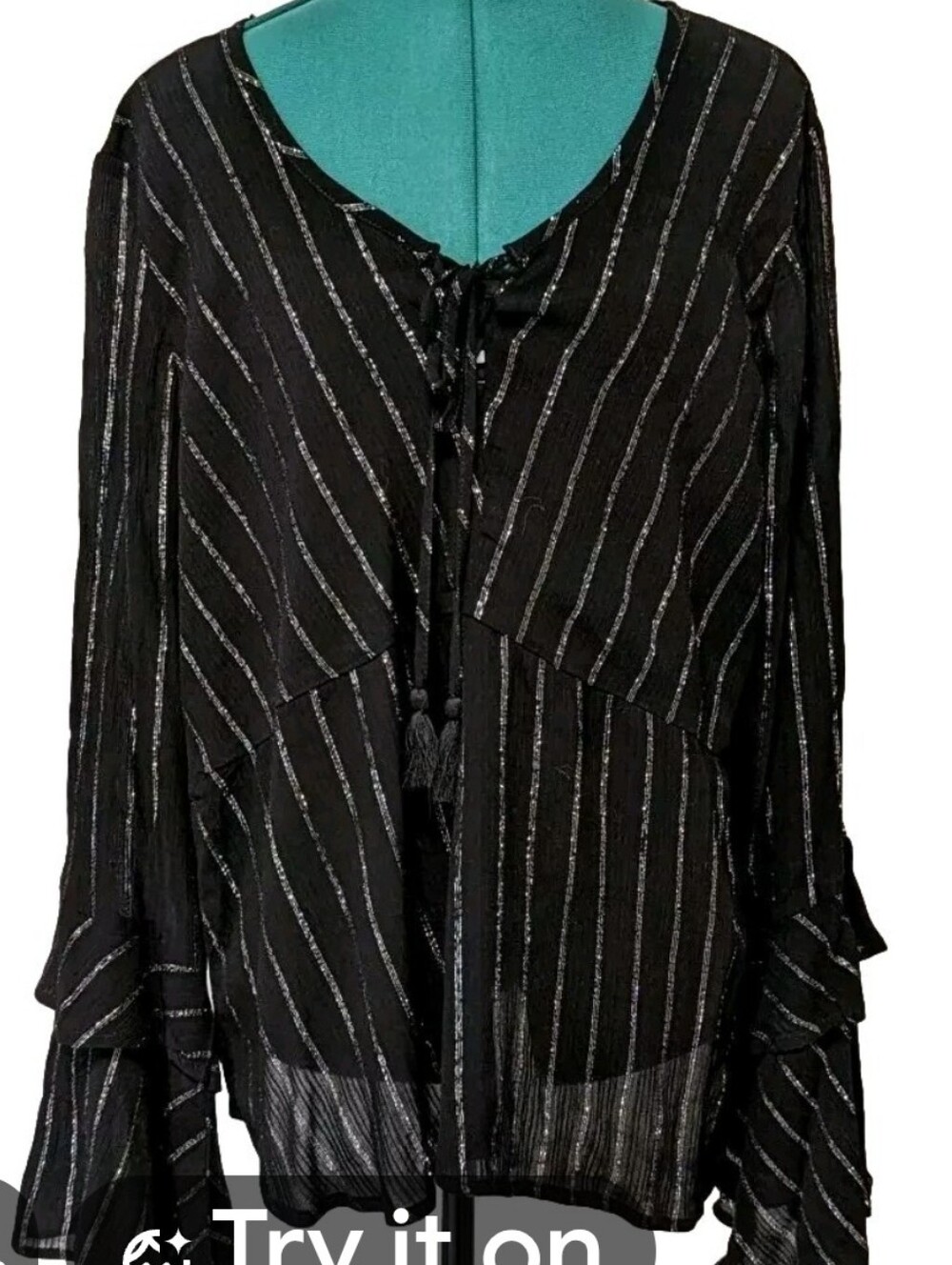 Black Metallic Stripe Tie-Front Women’s Top